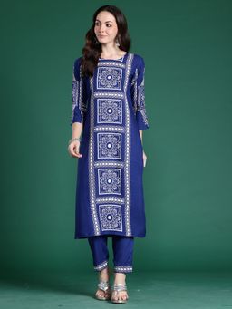 Indo Era - Blue Viscose Rayon Three Fourth Sleeves Kurta With Pant