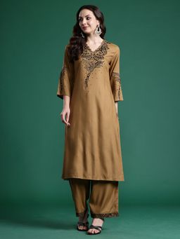 Indo Era - Brown Viscose Rayon Three Fourth Sleeves Kurta With Palazzo