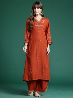 Indo Era - Rust Viscose Rayon Three Fourth Sleeves Kurta With Palazzo