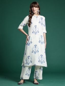 Indo Era - Cream Viscose Rayon Three Fourth Sleeves Kurta With Pant