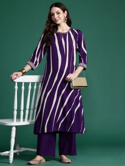 Indo Era - Purple Viscose Rayon Three Fourth Sleeves Kurta With Palazzo