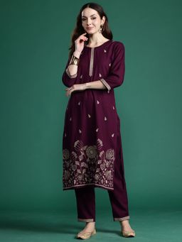 Indo Era - Purple Viscose Rayon Three Fourth Sleeves Kurta With Pant