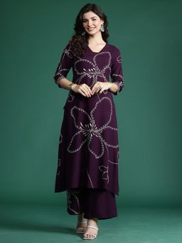 Indo Era - Purple Viscose Rayon Three Fourth Sleeves Kurta With Pant