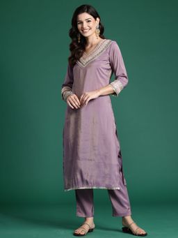 Indo Era - Lavender Silk Blend Three Fourth Sleeves Kurta With Pant
