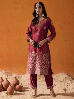 Indo Era - Maroon Polyester Three Fourth Sleeves Kurta With Pant
