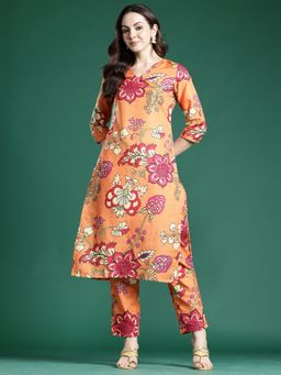 Indo Era - Orange Cotton Blend Three Fourth Sleeves Kurta With Pant
