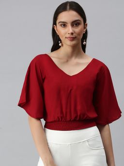 SHOWOFFFF - Women V-Neck Flare Sleeves Solid Maroon Top