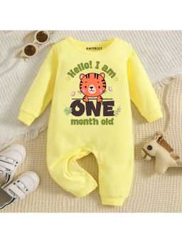 KNITROOT - Animal Theme Cotton Hello! I Am One Month Old Text Romper (0-3 Months)