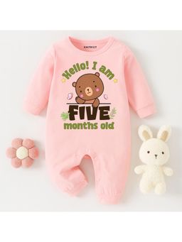 KNITROOT - Animal Theme Cotton Hello! I Am Five Months Old Text Romper (3-6 Months)