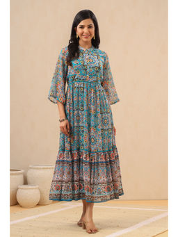 Juniper - Aqua Blue Geometric Printed Chiffon Tiered Maxi Dress with Buttons.