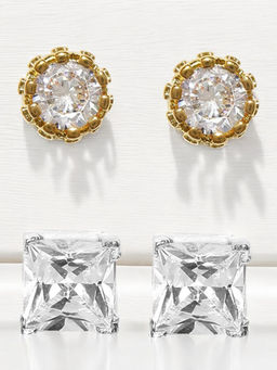 OOMPH - 2 Pairs Of Gold and Silver Tone Round and Square Small Ear Stud Earrings