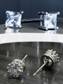 OOMPH - 2 Pairs Of Square and Round Silver Tone Cubic Zirconia Ear Stud Earrings