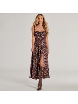 Outzidr - Brown Sweetheart Slit Midi Street Style Dress