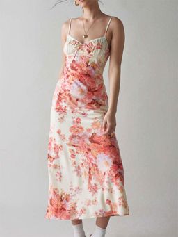 Outzidr - White Strappy Floral Midi Dress