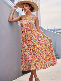 Outzidr - Orange One Shoulder Floral Printed Dress