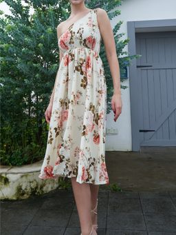 Outzidr - Beige One Shoulder Floral Midi Dress