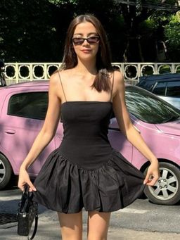 Outzidr - Black Square Neck Flared Mini Dress