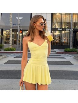 Outzidr - Yellow V-Neck Flared Mini Dress