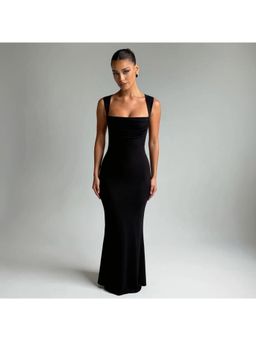 Outzidr - Black Square Neck Maxi Bodycon Street Style Dress