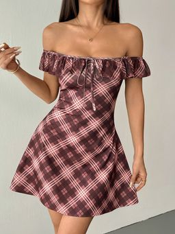 Outzidr - Multi Off-Shoulder Checkered Skater Street Style Dress