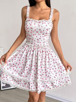 Outzidr - White Frilly Strapped Printed Mini Dress