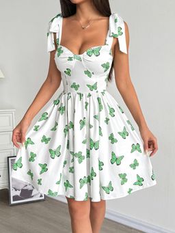 Outzidr - White Corset Detailed Tie Up Strap Printed Dress