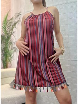 Outzidr - Red Sleeveless Strap Tassels Mini Dress