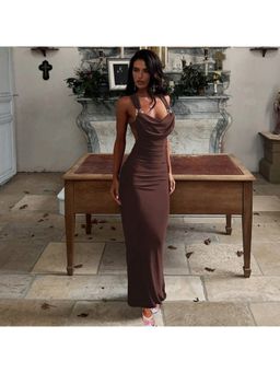 Outzidr - Brown Cowl Neck Ruched Slim Maxi Dress
