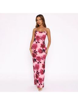 Outzidr - Pink Spaghetti Strap Printed Bodycon Maxi Dress
