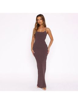 Outzidr - Brown Spaghetti Strap Printed Bodycon Maxi Dress