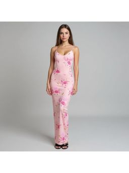 Outzidr - Pink Spaghetti Strap Floral Printed Bodycon Dress