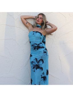 Outzidr - Blue Printed Strapless Bodycon Dress