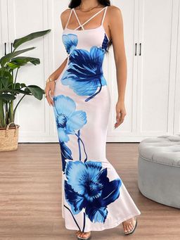 Outzidr - Multi Criss Cross Neck Detailing Floral Dress