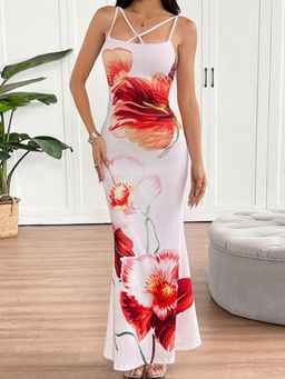 Outzidr - Multi Criss Cross Neck Detailing Floral Dress