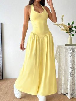 Outzidr - Yellow Pointed Waistline Halter Neck Street Style Dress