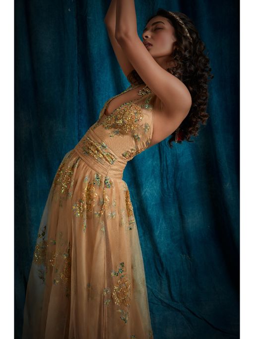 slim fit dress slacks Golden Gal Rhinestone Feather Dress (Ready to Ship) – AMEKANA main image 0