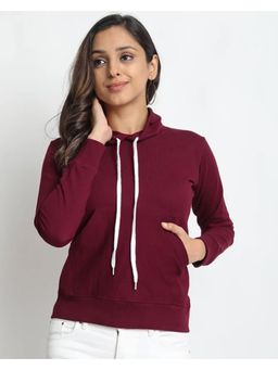 JUNEBERRY - Cotton Solid Maroon Hooded Full Sleeve Sweatshirt