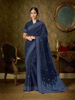Odette - Navy Blue Organza Designer Saree with Unstitched Blouse