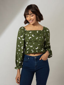 Twenty Dresses by Nykaa Fashion - Olive Floral Square Neck Ruffled Top