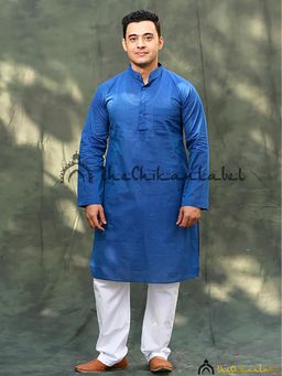 The Chikan Label - Blue Cotton Mens Kurta Lucknawi Chikankari Handmade