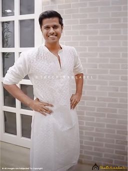 The Chikan Label - Neil Bhatt White Chanderi Mens Chikankari Kurta
