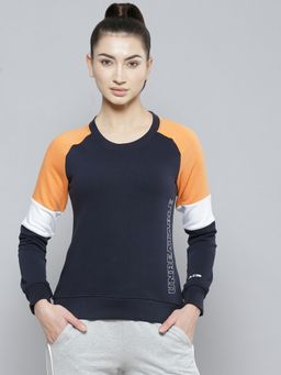 Alcis - Women Navy Blue Orange Colour Blocked Cotton Sweatshirt With Side Applique Prints