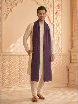 Zamour - Purple Floral Self Embroidered Chanderi Cotton Dupatta