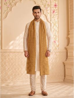 Zamour - Beige Floral Self Embroidered Chanderi Cotton Dupatta