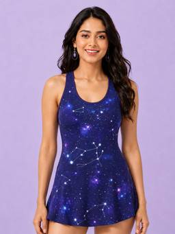 LYCOT - Women Navy Blue Halter Neck Swim Dress with Attached Shorts