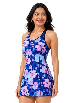 LYCOT - Women Navy Blue Halter Neck Swim Dress with Attached Shorts