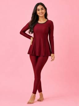 LYCOT - Women Maroon One-Piece Swim Dress with Attached Tights