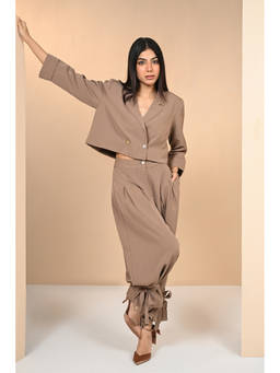 Ayrolane - Brown Crepe Solid Pintucked Tie-Up Trouser