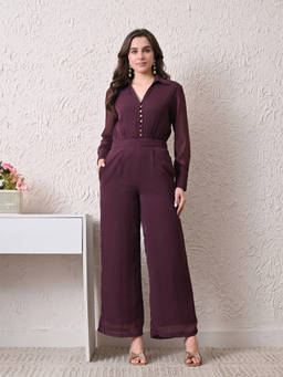 Ikonic Klaer - Purple Solid Textured Shirt Collar Full Sleeve Wide Leg Jumpsuit