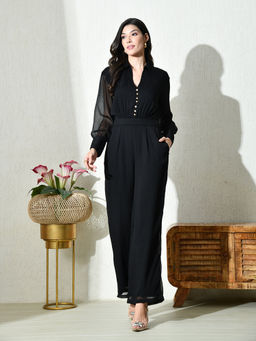 Ikonic Klaer - Womens Solid Black Button-Down Jumpsuit